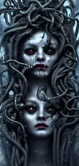 Surreal Medusa-inspired fantasy art with eerie twin faces and dark tendrils.