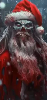 Zombie Santa Claus in snowy eerie setting.