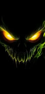 A vibrant skull with fiery eyes and green smoke on a black background.