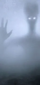 Eerie foggy forest with mysterious figure and ghostly presence.