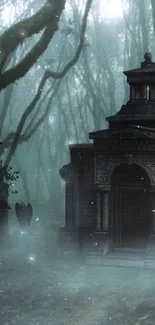 Eerie forest with mist and gothic tombs in dark cyan tones.