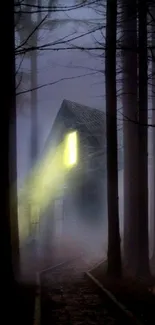 Eerie forest cabin with fog and night illumination.