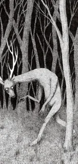 Eerie creature in monochrome forest setting wallpaper.