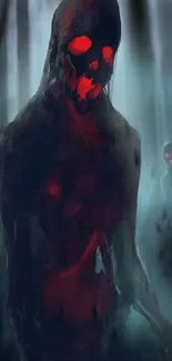 Dark creature with glowing red eyes in a shadowy forest.