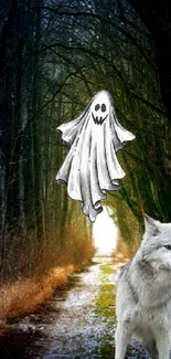 Ghost and wolf in an eerie forest path wallpaper.