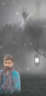 Eerie ghostly figure in misty forest with crow and lantern.