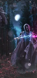 Eerie hooded figure in dark forest with mystical lights.