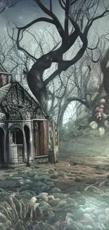 Eerie artwork of forest with mysterious house.