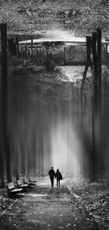 Black and white forest path with blurry trees and two figures walking.