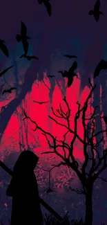 Eerie forest wallpaper with dark silhouettes and red tones.