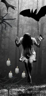 Spooky forest wallpaper with swinging girl.