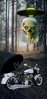 Mysterious UFO and skull in a dark forest with motorcycle.