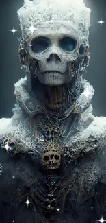 Frosted skeleton with crown in gothic art style.