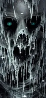 Eerie frosted skull with icy visuals in dark theme.