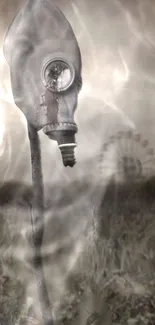 Gray gas mask in a foggy landscape with distant Ferris wheel.