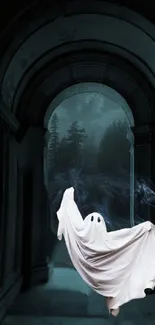 Ghost floating in a gothic archway with a haunted forest backdrop.