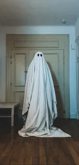 Ghostly figure in eerie room with wooden floor and beige walls.