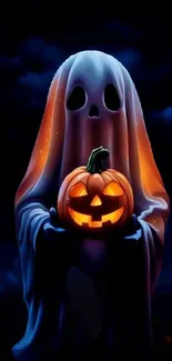 Ghost holding a carved pumpkin with spooky ambiance.