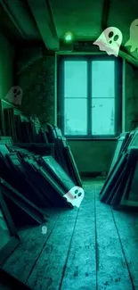 Ghostly figures float in a dim, teal-lit attic.