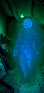 Eerie ghostly figure glowing in blue in a dark, mysterious corridor.