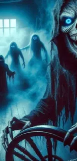 Creepy spectral figures with glowing eyes in a blue misty room.