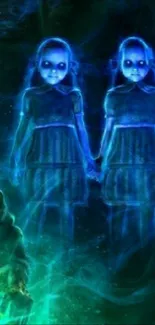 Eerie ghostly twins with a blue glow in a dark atmosphere.