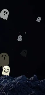 Cartoon ghosts floating in a dark night sky with eerie ambience.