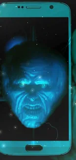 Ghostly face glowing on mobile screen with eerie teal effects.