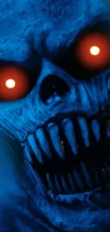 A blue skull with glowing red eyes in dark ambiance.