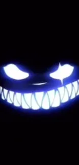 Glowing smile in the dark with sharp neon contrast appearing ominous.