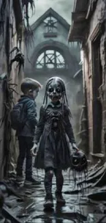 Children in eerie gothic alley holding masks.