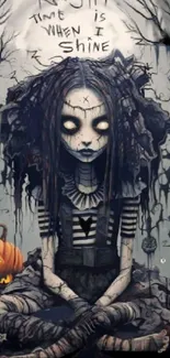 Eerie gothic doll with pumpkins and dark forest in Halloween-themed wallpaper.