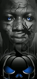 Gothic themed wallpaper with blue eyes and spider on cracked face.