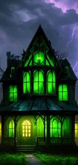 Gothic house with glowing windows beneath a purple stormy sky.