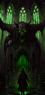 Gothic cathedral with green-eyed monster silhouette.