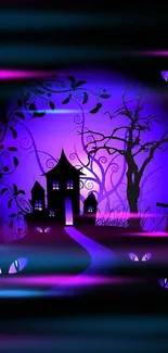 Gothic night with haunted house and purple glow.