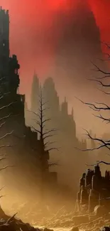 Eerie gothic landscape with ruins and trees.