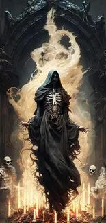 Gothic skeleton in a cloak surrounded by candles and eerie atmosphere.