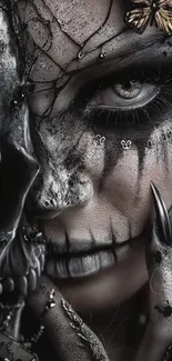 Eerie gothic wallpaper with skull and intricate details.