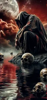 Gothic scene with skulls, hooded figure, and crimson sky.