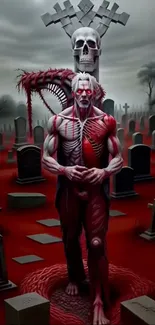 Graveyard scene with a red demon in surreal artwork.