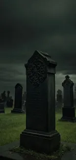 Eerie graveyard with gothic tombstones under a dark sky.