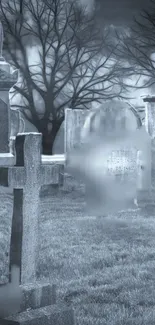 Eerie graveyard scene with misty tombstones under a moonlit sky.