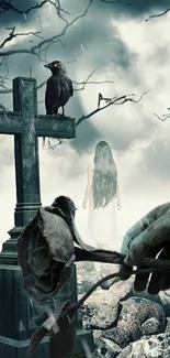 Eerie graveyard scene with a crow perched on a cross, in a gothic atmosphere.