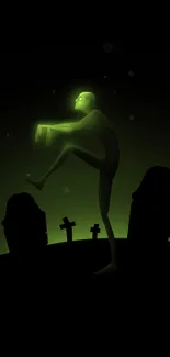 Glowing green figure in dark cemetery wallpaper.