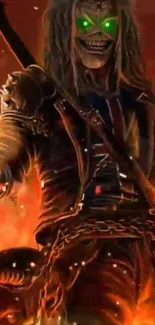 Artwork of a green-eyed warrior with fiery background.