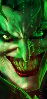 Green Joker with matrix effect in digital art wallpaper.