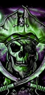 Eerie green pirate skull with lightning on phone wallpaper.