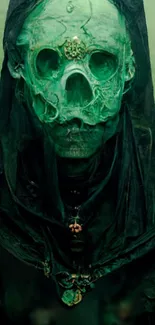 Eerie green skull art design in dark tones.