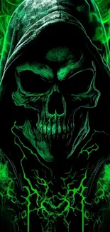Green glowing skull in hooded artwork.